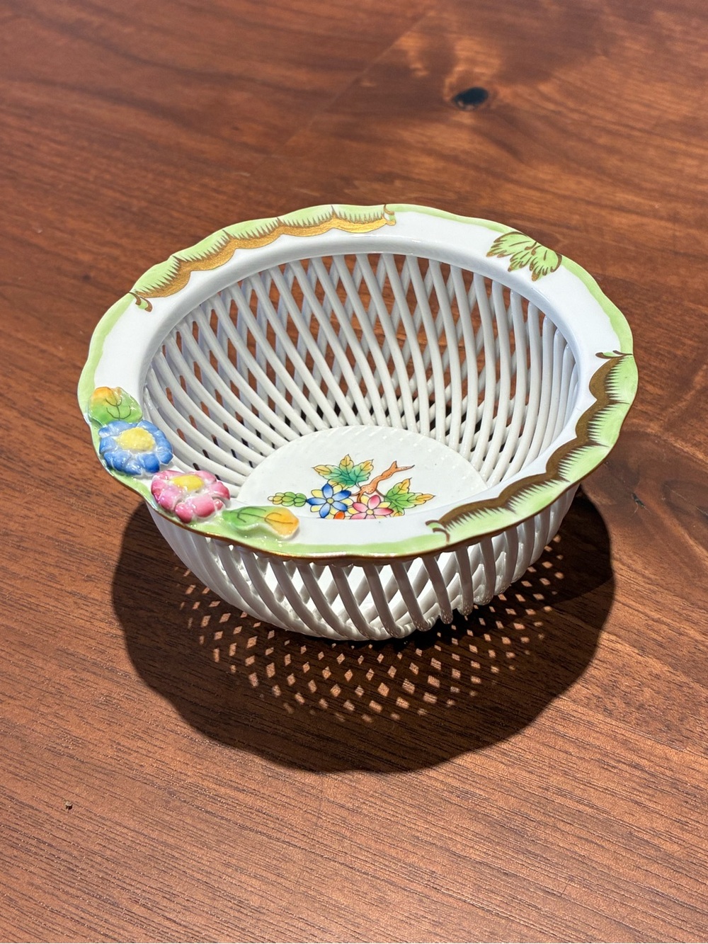 Herend Small White Porcelain Basket with Green Trim and Floral Accents